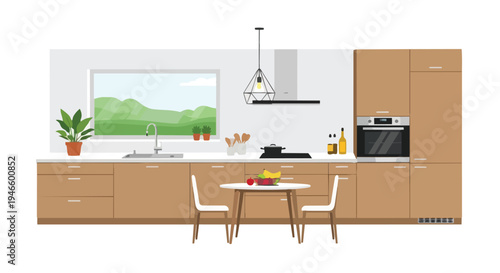 Harmonious Modern Kitchen Interior with Natural Light and Mountain Landscape Panorama