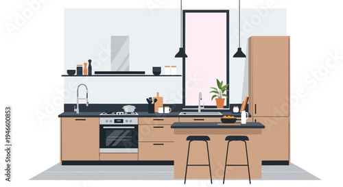 Contemporary kitchen interior illustration featuring sleek cabinetry, modern appliances, a large window, and a functional island with bar seating,