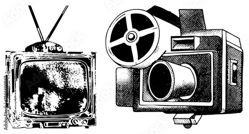 Classic TV with antenna and grainy screen beside film projector with reel, nostalgic devices, analog entertainment, black and white vector art.