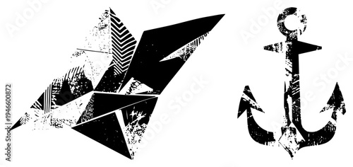 Stylized compass rose with angular facets and textured, paired with weathered anchor, both in vector art, maritime navigation and nautical design motifs.