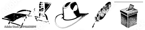 Classic chair silhouette, western cowboy hat, feather quill pen, ballot box, vector set, graphic design elements, symbolic representation.