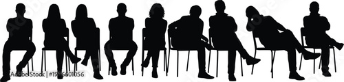 Silhouette of Diverse People Sitting in Chairs Group of Men and Women Waiting in Row for Interview Audience or Seminar