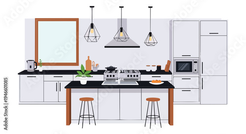 Contemporary kitchen interior with modern appliances and minimalist design, featuring an island and stylish pendant lighting.