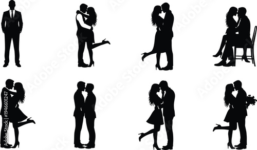 Romantic couple silhouettes collection showing love, hugging, kissing and proposal poses, relationship and romance concept, black vector illustration set isolated on white background