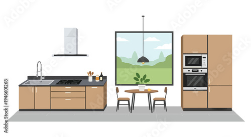 A stylish contemporary kitchen with modern appliances and a serene natural view