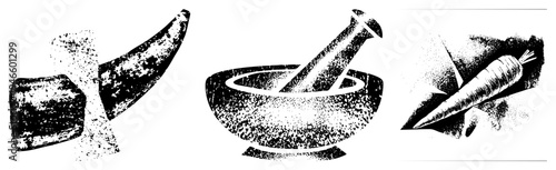 Traditional mortar and pestle grinding herbs, ancient horned tool, rustic kitchen utensils, herbal medicine preparation, halftone engraved style.