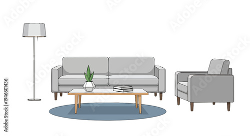 Minimalist living room illustration featuring a grey sofa, armchair, coffee table, plant, lamp, and blue rug. This modern interior design highlights