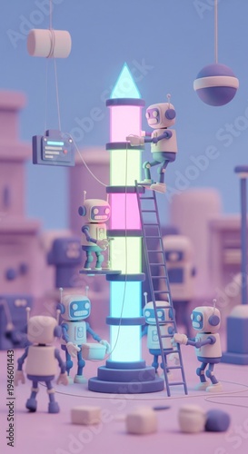 Retro Robots Build Tall Glowing Tower Construction Project