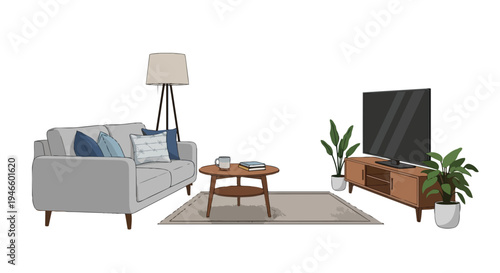 Modern minimalist living room with comfortable sofa and entertainment setup