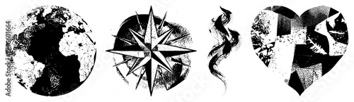 Stylized vector including globe, compass rose, swirling smoke, and heart with fragmented halftone. design with gritty texture and clean.