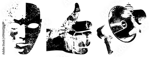 Graphic featuring mask, hand giving thumbs up, and megaphone, rendered in bold halftone texture, vector style for digital use or print.