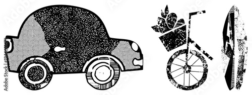 Retro style halftone vector classic car, unicycle with potted plant, surfboard. Stylized black and white graphic elements with textured.