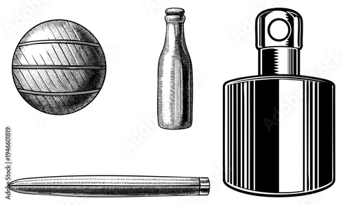 Classic engraved bottles, vintage perfume container, fountain pen, spherical object, retro design, illustration, vector engraving.