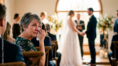 Emotional guest wiping tears during wedding vows ceremony
