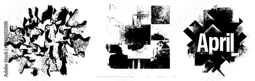 Dynamic black and white graphic composition featuring fragmented shapes, halftone, and the word "April" in bold typography, ideal for modern design projects.