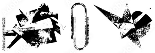 Fragmented polygonal forms with gritty texture, stylized graphic elements, vector art with grunge overlay, isolated design motifs.