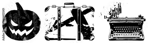 Classic mechanical keyboard machine, retro writing device, old fashioned typewriter, literary tool, black and white illustration, halftone texture.