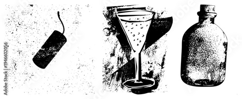 Grunge style halftone vector illustration of a dynamite stick, champagne flute with bubbles, and sealed glass bottle. Isolated graphic elements with gritty texture.
