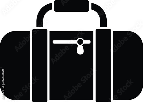 Black vector silhouette of a classic duffel bag, featuring a sturdy top handle, side reinforcement straps, and a front zippered pocket detail.