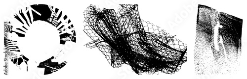 Fragmented circular shapes, chaotic mesh, halftone gradients, vector art, graphic design elements, isolated foreground, stylized abstraction.