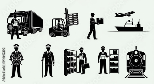 Transportation and Logistics Icons - Truck, Forklift, Plane, Ship, Train.