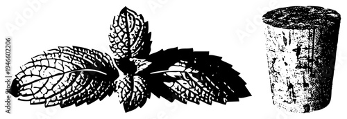 Stylized mint leaves with textured veins and cork stopper, botanical vector art, beverage accessory, flat design, isolated elements, natural ingredients.