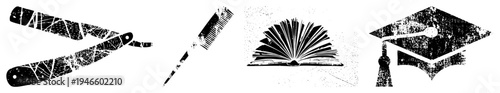 Classic grooming tools, open book symbolizing knowledge, graduation cap for academic achievement, distressed vector.