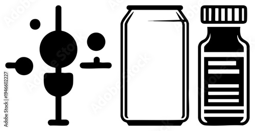Scientific atom model, soda can, pill bottle, black, minimalist design, vector graphic, health and science symbols.