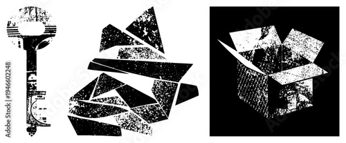 Stylized key with distressed texture, fragmented glass, open cardboard box with grainy overlay, vector graphic, design, abstract symbols.