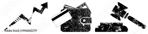 Grunge style financial symbols including upward arrow, wallet with cash and card, auction gavel representing investment, spending, and legal finance. Vector graphic with distressed texture.
