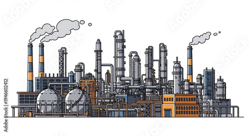 Detailed Illustration of a Large Industrial Oil Refinery Complex.