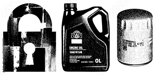 Classic padlock with keyhole, engine oil container, cylindrical oil filter, all rendered in halftone vector style, mechanical, automotive maintenance tools.