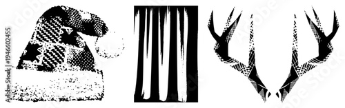 Festive holiday headwear with star motifs, geometric tribal designs, and antler shapes in high contrast halftone style, ideal for seasonal branding or decorative graphics.