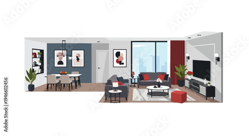 Chic open-plan urban apartment showcasing a contemporary living room and elegant dining space with sophisticated furniture and artistic decor a