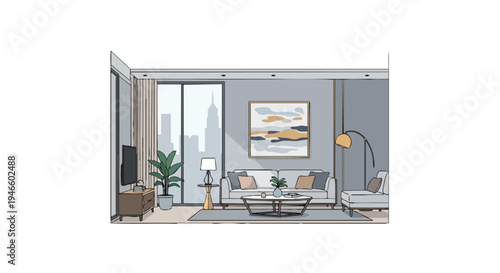 Contemporary urban living room illustration with minimalist furniture and city skyline view