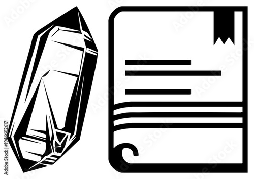 Geometric crystal gemstone beside parchment scroll, mystical artifact,, black and white vector, magical lore, enchanted relic.