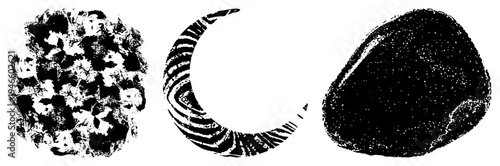 Three stylized abstract shapes rendered in halftone, featuring circular, organic contours, and textured gradients ideal for graphic design or digital art projects.