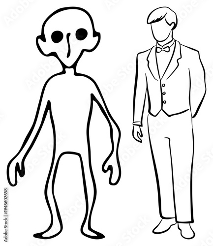 Minimalist drawing of humanoid alien and formal human, black art, vector graphic, stark contrast, conceptual illustration.