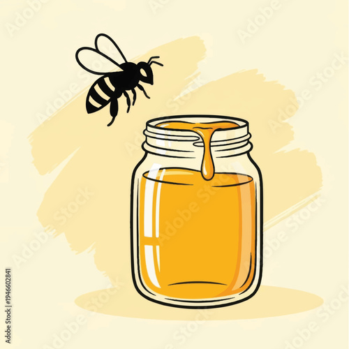 Honey Jar with Bee and Honey Dripping.