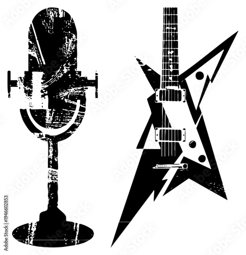 Classic microphone and electric guitar silhouettes with distressed texture, rock music, studio recording gear, vintage equipment, black and white vector art.