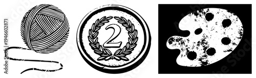 Craft supplies including yarn ball, second place medal, painter’s palette with paint stains all isolated vector for creative projects, design assets, or craft themes.