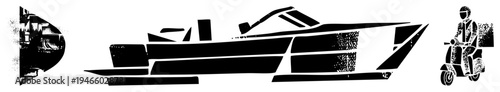 Vector cutout of sleek racing boat and scooter rider, stylized black and white graphic, urban delivery theme, isolated foreground elements.