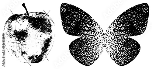 with stem and butterfly with wings, both rendered in halftone dot, vector graphic, isolated foreground, black and white texture, artistic print style.