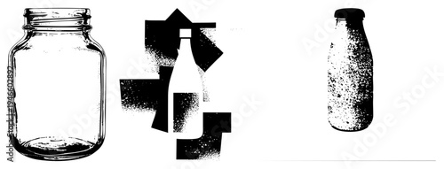 Retro style glass containers rendered in halftone dots, vector graphic with bold, isolated bottle designs, classic storage vessels, stylized beverage packaging.