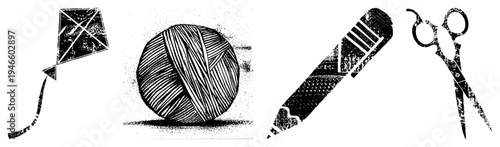 Classic craft tools rendered in halftone texture, including kite, yarn ball, pencil, and scissors, ideal for design, illustration, or print.