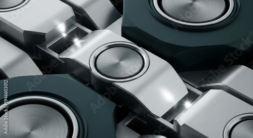 Close up of interlocking metallic chain links with circular details