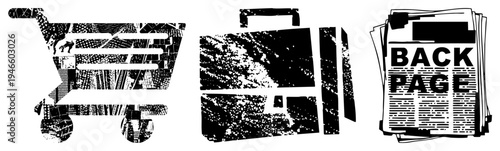 Graphic symbols of commerce and shopping cart with texture, briefcase with distressed grain, newspaper back page with bold typography, all in vector style.