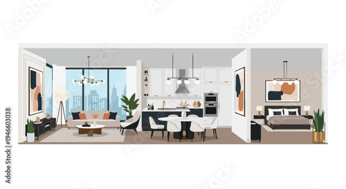 This sophisticated modern apartment interior design features an open-plan living room, sleek kitchen, elegant dining area, and a tranquil bedroom