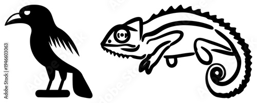 Raven silhouette and chameleon in minimalist black vector art, symbolic animal graphics, flat design wildlife, isolated foreground elements.