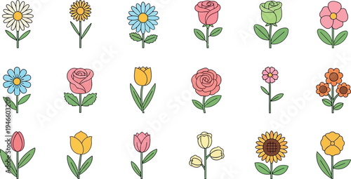 Colorful cartoon flowers tulips roses